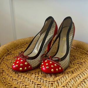 Christian Louboutin Candy Pumps: Red Spike Leather and Black Lace